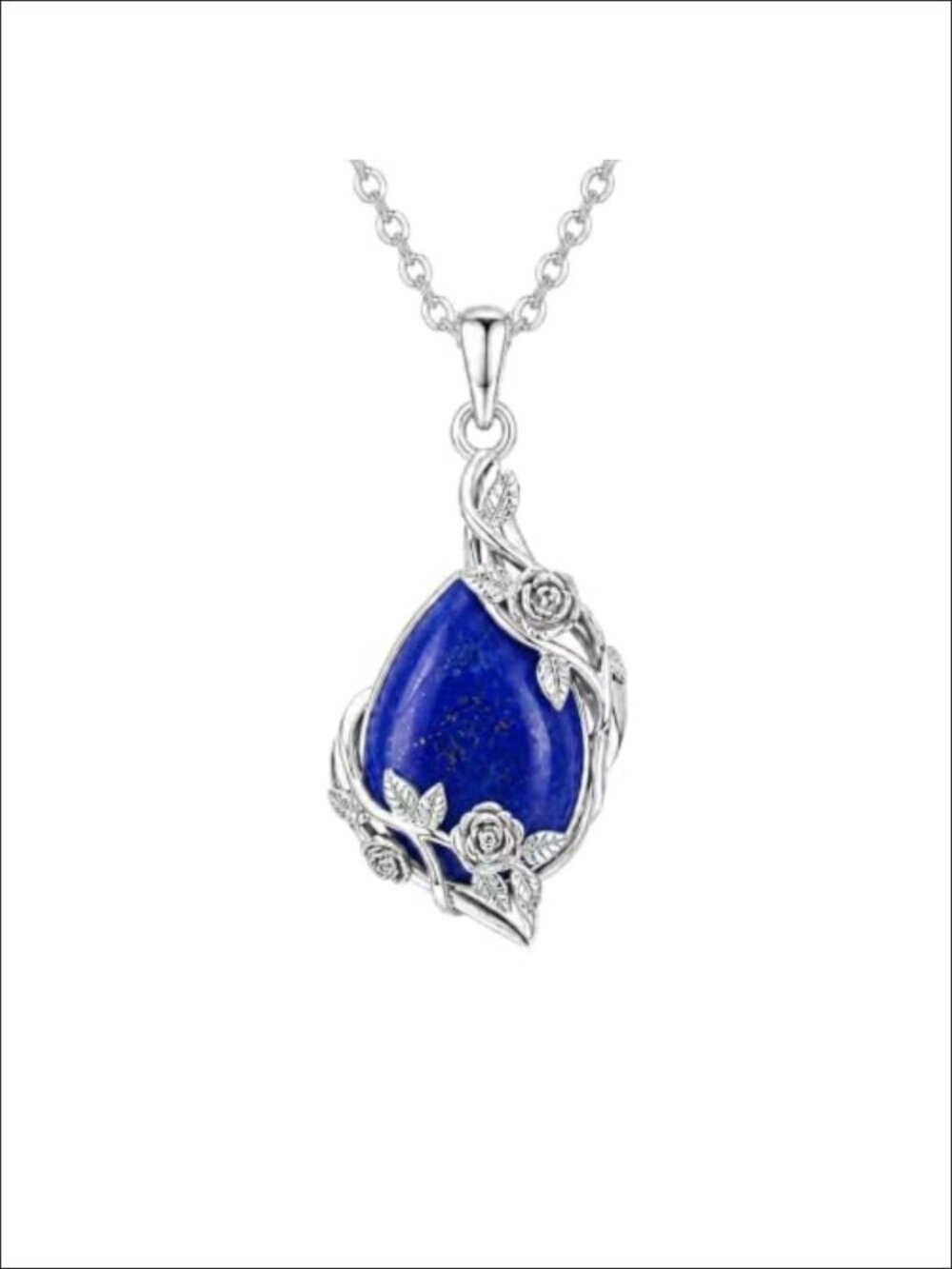 White Gold Plated Lapis Lazuli Pendant Necklace Rose Vine Teardrop Women